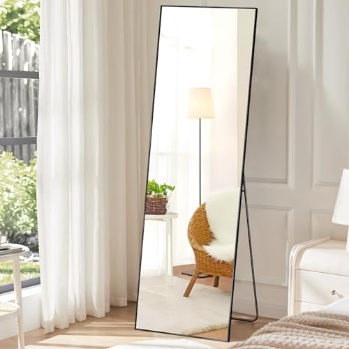 HAPPYMONT 56"x21" Full Length Mirror, Full Body Mirror with Leaning or Standing, Floor Standing Aluminum Frame for Bedroom, Livingroom, Cloakroom, Black