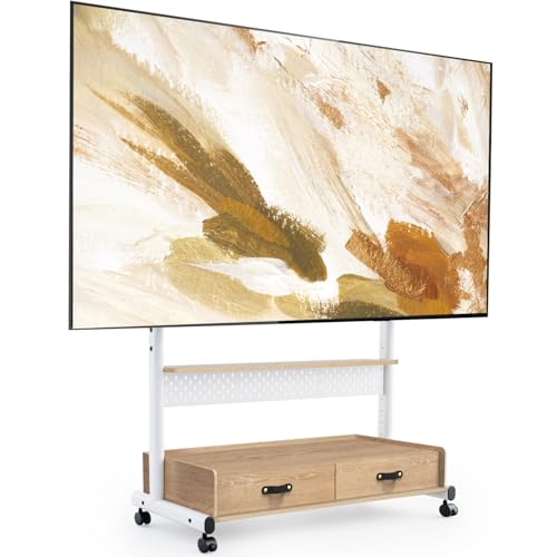 FITUEYES Rolling TV Stand with Drawers for 70 to 100 Large TV Screens,Mobile TV Floor Stand on Wheels with Ample Storage Pegboard & Wooden Shelf, Rolling TV Cart Hold up to 176 lbs, Max VESA 850 x 600