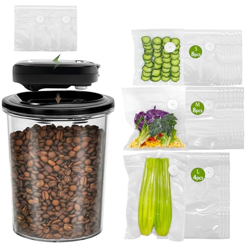 Image of DREAMEALTHY Bundle Auto Electric Vacuum Sealer Container Sets - 1L Airtight Containers for Food & Coffee. Pressure Monitoring with Pump. 20 Reusable Vacuum Sealer Bags(8 Small, 8 Medium, 4 Large)
