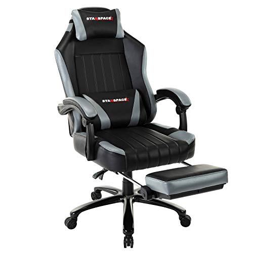 Recliner Gaming Chair with Footrest, Big Tall Computer Racing Chair Desk Chair Boned Leather Memory Foam Lumbar Support Metal Base (Grey-Up)
