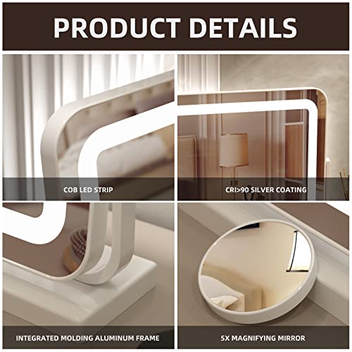 Primetek Makeup Vanity Mirror With Lights - Large Lighted Mirror For Desk, Bedroom, Dressing Room Tabletop, Light Up Mirror With Dimmable 3-Color Led, Magnification, Memory Function, White, 18"Lx22"H #TOP7