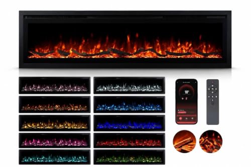 Weka 72 Inch Linear Electric Fireplace – Recessed, Wall Mount or Freestanding, 900/1800W, 15 Flame Colors, Smart App & Remote, Crystals & Logs, Child Lock, 0.5-8H Timer