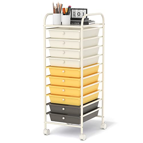 GOFLAME 10-Drawer Rolling Storage Drawer Cart, Utility Cart with Removable Drawers & Metal Frame, Mobile Art Craft Drawer Cart with Lockable Wheels for Home, Office, Studio, School, Yellow