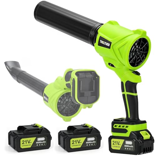 TNELTUEB Leaf Blower Cordless, 21V Battery Powered 980000 RPM Handheld Electric Leaf Blower with 6 Speed Control, 2 x 4Ah Batteries & Charger Dust Leaves Blower for Lawn Care, Green