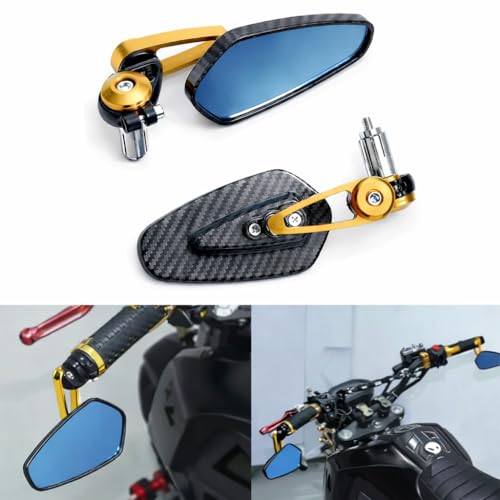 Image of Universal bike Motorcycle Bar End Mirrors with Blue Anti-Glare Glass, Carbon Fiber Pattern, Adjustable Handlebar Rearview Mirrors, Black