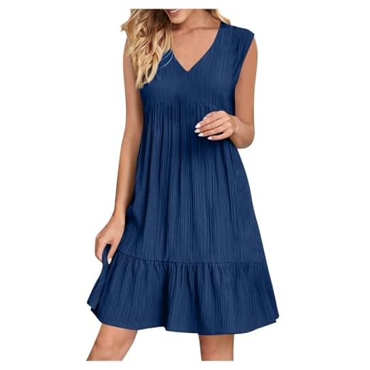 AEGJEGVD Robe D'Été Femme Chic Tunique Robe sans Manches Ample Casuel Couleur Unie Robes Mi Longue Fluide Col V Robes de Plage Chic Et Elegant Pas Cher Grandes Tailles Dress pour FêTe Vacances