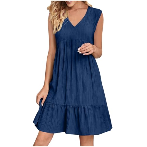 KOG Damen Sommerkleider Sommerkleid 2025 Blusen Kleid Einfarbige Frauen Leichte Strandkleider Langes Frau Tunika Kleid Baumwolle Brautjungfernkleider Blau XL
