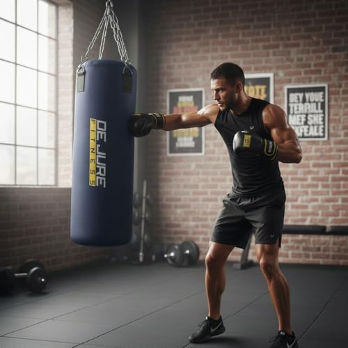 Image of De Jure Fitness Heavy Duty 4 Ft Punching Bag with Rust-Proof Stainless Steel Hanging Chain | Durable Polyester Fabric | Comfortable Recycled Filling | Boxing MMA, Kickboxing - Blue, 4 Ft
