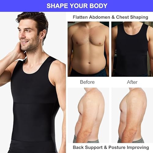 Image of Men's Compression Shirt 2-Pack Slimming Body Shaper Black Undershirt Vest Sleeveless Tummy Control Tank Top for Weight Loss Gym Workout Fitness and Everyday Wear