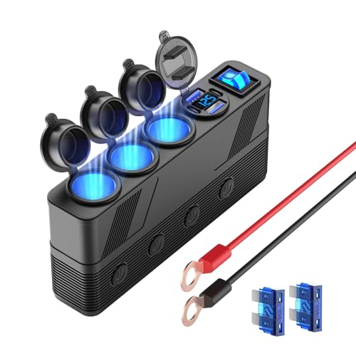 Répartiteur pour prise allume-cigare 12V/24V avec câble 3M, 3 prises allume-cigare Adaptateur multi-prises 4 port avec écran LED et interrupteur principal...