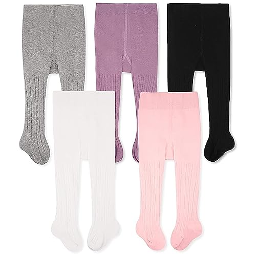 Image of CozyWay Cable Knit Cotton Leggings/Tights for Baby Girls, 5 Pack, White/Black/Gray/Pink/Purple, 0-3 Months Old