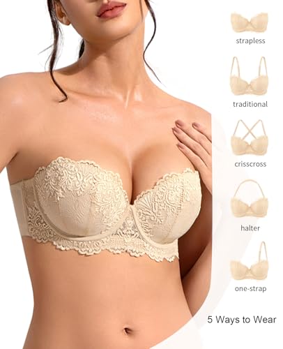 Image of Women's Strapless Push Up Bra Convertible Multiway Lace Padded Underwire Bras with Clear Straps