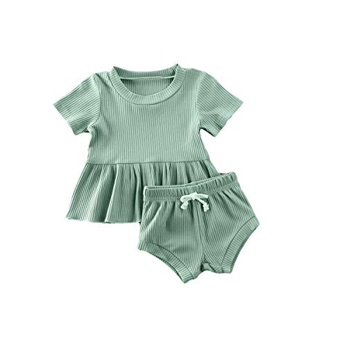 Image of Infant Kids Baby Girls Cute Solid Color Ruffle T-Shirt Top+Drawstring Bottom Shorts Pants 2Pcs Outfits Set (Green, 6-12 Months)