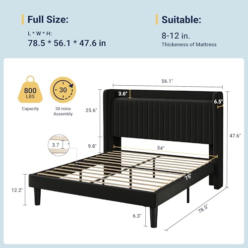 Image of Allewie Full Size Platform Bed Frame with USB Charging Station and Storage Shelf /Upholstered Velvet Wingback Headboard /Wooden Slats Support /No Box Spring Needed /Easy Assembly, Black