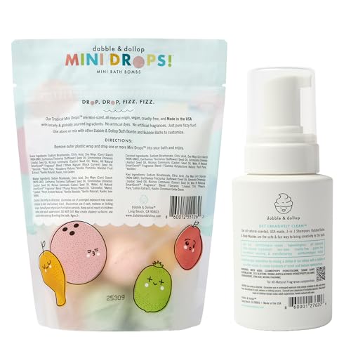 Image of Dabble & Dollop Tropical Mini Bath Bombs + Vanilla 3-in-1 Shampoo, Body Wash and Bubble Bath for Kids - Toddler & Kids Bath Set, No Synthetic Dyes, Vegan, Gluten-Free, Cruelty-Free (Pack of 2)