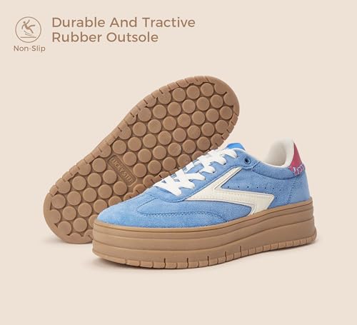 LUCKY STEP Damskie trampki na platformie gumowa podeszwa zamszowa na co dzień klasyczne retro gumowa gruba podeszwa modne buty do tenisa do chodzenia, niebieski/biały, 37 EU