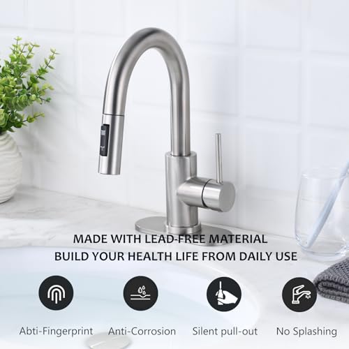 Bathroom Faucet with Pull Down Sprayer, Brushed Nickel Single Handle Pull Out Faucet with Pop-Up Drain & Deck Plate, Stainless Steel 1 or 3 Hole Bar Sink Faucet by KAELWAY - Used condition - Image 2