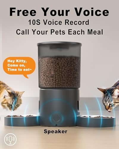 Automatic Cat Feeder 2 Cats, 4.2L Dry Food Auto Dispenser with Double Bowls,Dual Power Supply,Programmable Portion Control,10s Voice Recorder(Black,Stainless Steel Bowls) (Transparent+Black) - Image 7