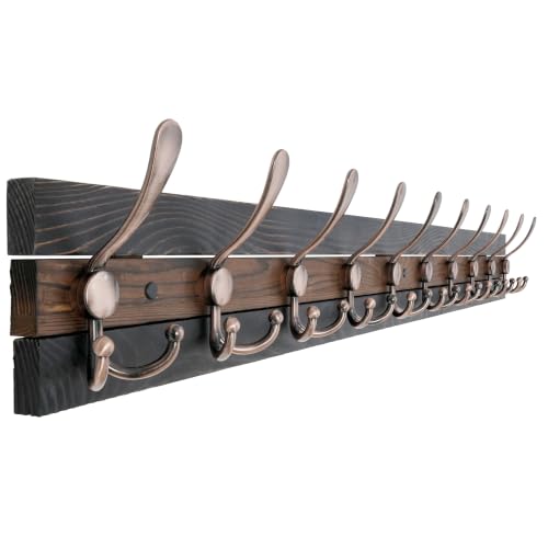 Image of SKOLOO Rustic Wall Mounted Coat Rack - 38.6 inch Long Coat Hooks for Wall with 10 Triple Hooks for Hanging Coats, Hats or Tools - Kitchen, Mudroom, Entryway, Bathroom, Wood Brown & Antique