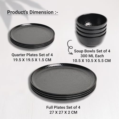 Image of Market99 Heavy-Duty Black Hammered Melamine Dinner Set - 12 Pcs | Includes 4 Dinner Plates, 4 Side Plates & 4 Soup Bowls | Matte Finish Tableware for Daily Dining, Kitchen & Elegant Mealtime Setup