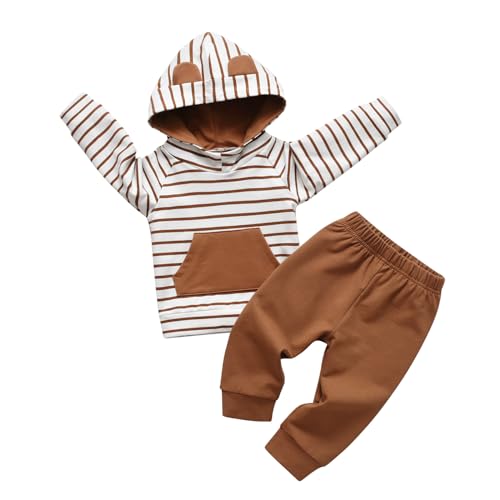 Image of Rebey Toddler Infant Baby Boy Clothes Striped Long Sleeve Hoodie Tops Sweatsuit Pants Outfit Set (3-6 Months) Brown