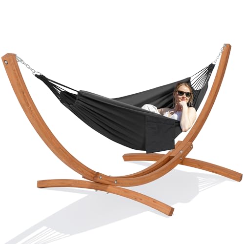 Image of SUNCREAT 2 Person Hammock with 10 ft Wooden Stand Included, Dark Gray