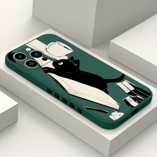 Coque iPhone 13 Pro Max silicone liquide vert chat motif floral 6,7 pouces