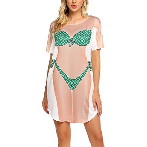 Women's Short Sleeve Bikini Shirt Cover Up Summer Round Neck Cute Bikini Print Baggy Swimwear Cover-Up T Shirt Dress (Green Mermaid, XX-Large) Cover