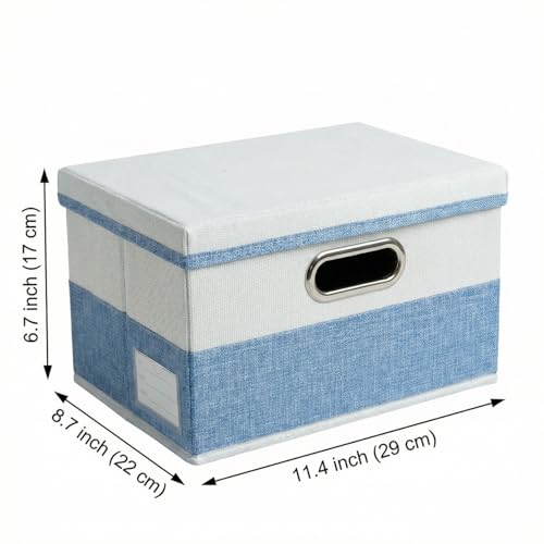 Image of PRANDOM Storage Bins with Lids [3-Pack] Linen Fabric Foldable Storage Boxes Organizer Containers Baskets Cube with Cover for Bedroom Closet Office Blue&White（11.4X8.6X6.7