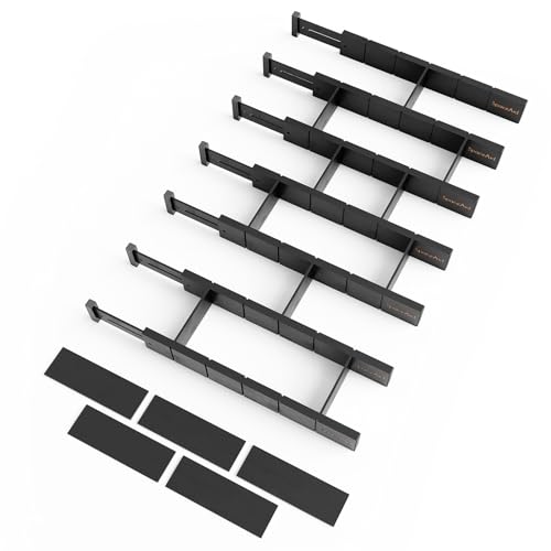 SpaceAid Bamboo Drawer Dividers with Inserts and Labels, Kitchen Adjustable Drawer Organizers, Expandable Organization for Home, Office, Dressers, 7 Dividers with 15 Inserts (17"-22" Black)