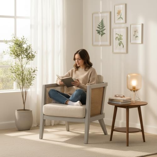 Image of APRODZ Solid Wood Accent Chair for Living Room Mid Century Modern Wooden Upholstered Armchair with Cushion Lounge Chair Cane Back Wooden Frame for Living Room Bedroom Office Seating (Light Grey)