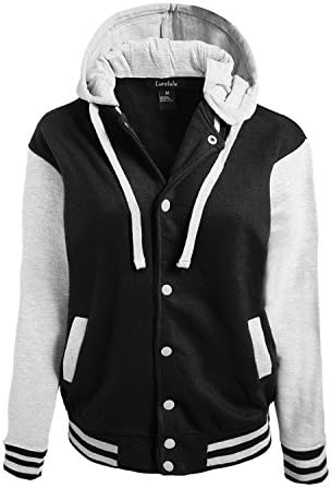 Lurelulu Men's Letterman Varsity Baseball Jacket with Removable Hood BLACK/GRAY MEDIUM