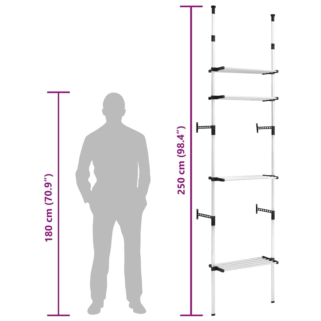 Teleskopowa garderoba z półkami, aluminiowy stojak na ubrania do sypialni, system przechowywania z regulacją wysokości, nowoczesny design, srebrny/czarny, 70 x 40 x 250-300 cm