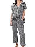 codcm Womens Gingham Pajama Set 2 Piece Short Sleeve Babydoll Shirt and Pants Lounge Set Cute Sleepwear(Black,Large)