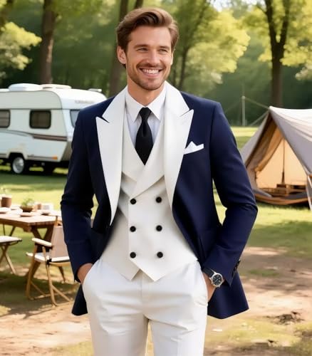 Tuxedo for Men 3 Piece Slim Fit Double Breasted Wedding Prom Suits Two Button Formal Dinner Blazer Vest Pants Set3