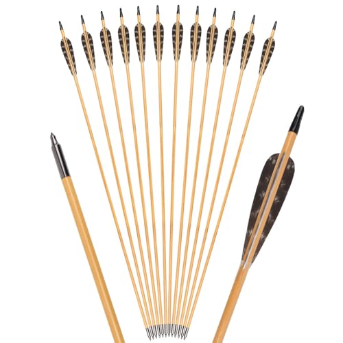 Produktfoto von TY Archery 12 Stück 32 Zoll Holzpfeile mit 4 Zoll Naturfedern Pfeile für bogenschießen Pfeile aus Holz Jagdpfeile in…