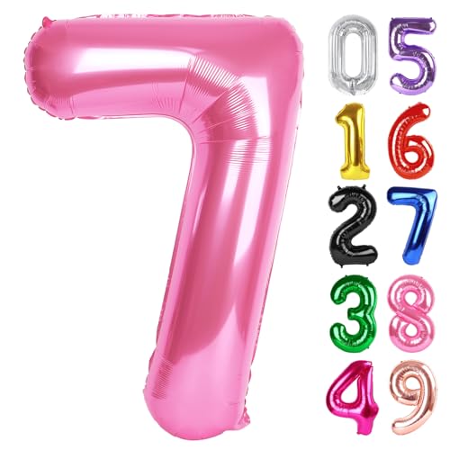Image of Pink Number 7 Balloon 40 Inch, 7th Birthday Party Decorations, Giant 7 Foil Balloon for Party Supplies