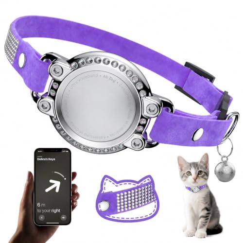 Image of Cat Collar Breakaway, Rhinestone Velvet Cat Collars with Holder and Bell, Adjustable Comfortable GPS Tracker Cat Collar for Girl Boy, Kittens, Puppies(Purple)