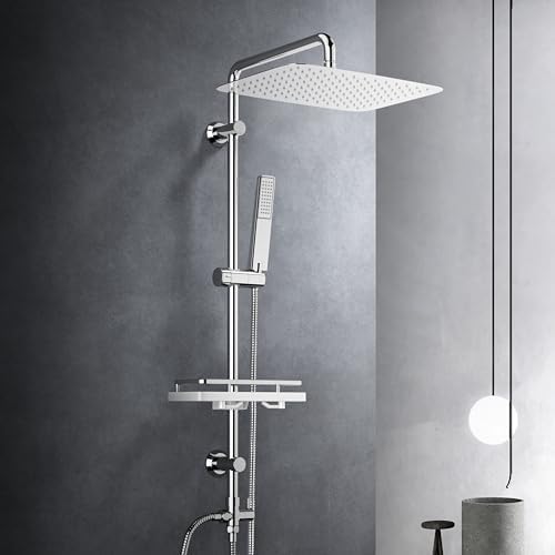 Görbach Edelstahl Duschset Regendusche Duschsystem ohne Armatur mit Verstellbarer Duschstange, Kopfbrause 35x25 cm und Duschablage Chrom
