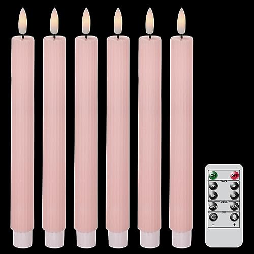 Image of Pink Flameless Flickering Taper Candles Battery Operated with 10-Key Remote and Timer 6 Pack 3D Wick Vertical Stripe Real Wax LED Taper Candles Spring Dinner Holiday Decor(0.78 inch D x 9.64 inch H)