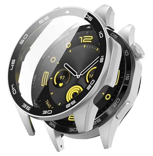 SHEAWA HUAWEI WATCH GT4 46mm�p�P�[�X �J�o�[ PC+�����K���X�t�B���� ������ �S�ʕی� 9H�d�x ��̌^�ی�P�[�X �ی�J�o�[ �ϏՌ� �A�N�Z�T���[ (�V���o�[)