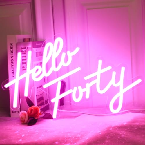 Image of Hello Forty Neon Sign 40th Birthday LED Neon Light for Forty Birthday Party Decor Hallo Forty Party Favors Personalized Gift for Girls