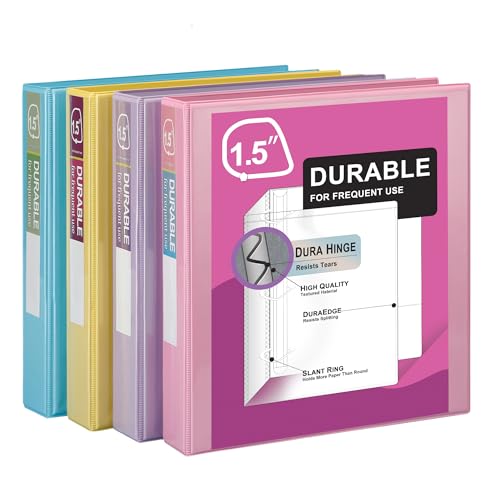 Zzrywuty Durable 3 Ring Binder,1.5 Inch,Economy 4 Pack,Each Holds 300 Pages,D-Ring Presentation View Binders for Office,School,Home (Pastel Assortment)