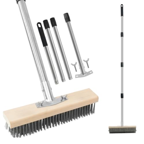 Heavy Duty Floor Scrubber,Deck Brush with Long Handle,56L''×12W Stainless Steel Wire Scrub Brush, Stiff Metal Bristle Scrubber Broom for Deck, Concrete, Patio Floor Cleaning Moss Removal