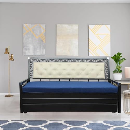 Image of Rexo Metal Sofa Cum Bed with Hydraulic Storage | 3 Seater Convertible Sofa Bed for Living Room | Heavy Duty Metal FrameMatte Black Finish with Blue Cushion, King