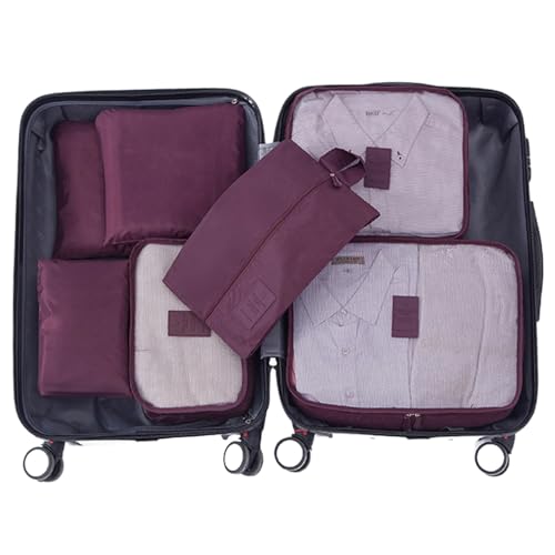 Cubos de embalaje 6PCS Organizador de maletas Organizadores de embalaje de viaje plegables Bolsas de equipaje con cremallera para ropa Rojo vino