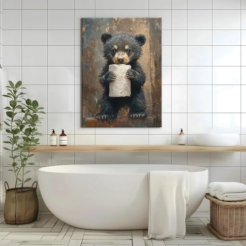 VVL Funny Bathroom Bear Wall Art Black Bear With Paper Canvas Painting Picture Humor Animal Wall Decor for Kids Restroom Bathroom Home Decoration