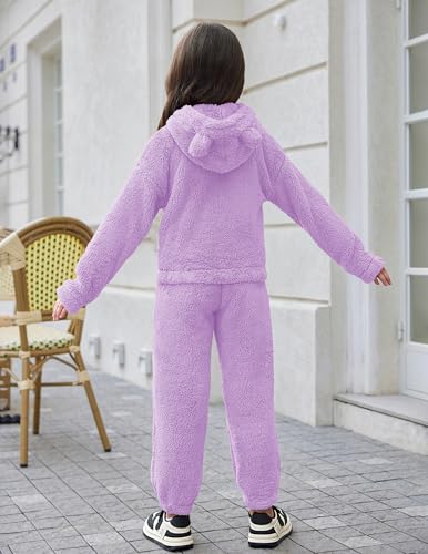 Image of Arshiner Girls 2 Piece Outfits Sweatsuit Fuzzy Long Sleeve Bear Ear Hoodie Sweatshirt and Sweatpant Kids Clothing Sets