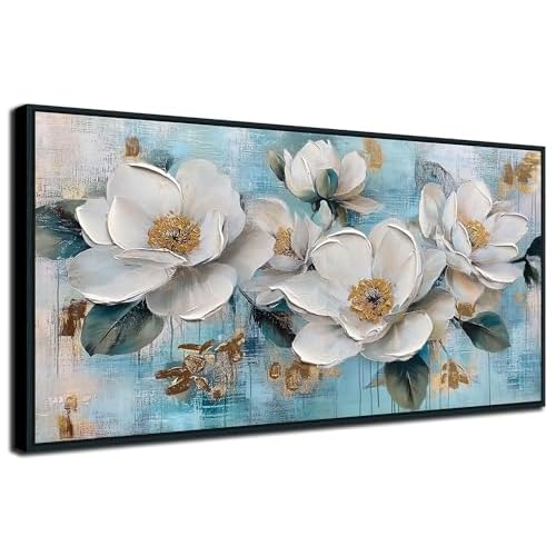 Ardemy White Floral Wall Art, Framed Canvas Wall Art For Living Room Large Teal Pictures Wall Decor Flower Paintings Artwork for Walls Dining Room Bedroom Home Office 40"x20" 40"L x 20"W Whi