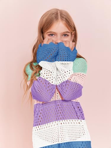 Image of Batermoon Girls Crochet Long Sleeve Swimsuit Cover Up Kids Fashion Hollow Out Swimwear Beach Dress 5-14 Years